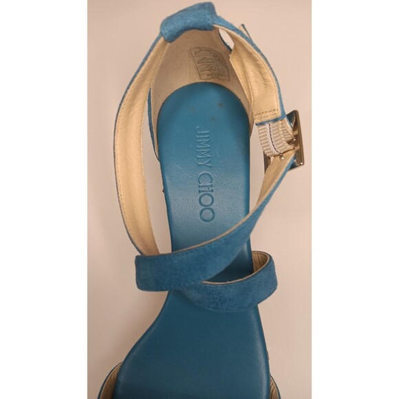 Jimmy Choo Wedge Sandals Blue Suede Cork Espadrilles Made in Spain Size 38 - Picture 16 of 16